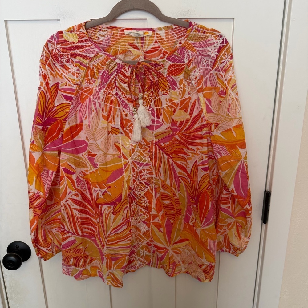 C&C California tropical floral blouse boho peasant tassel size medium cotton